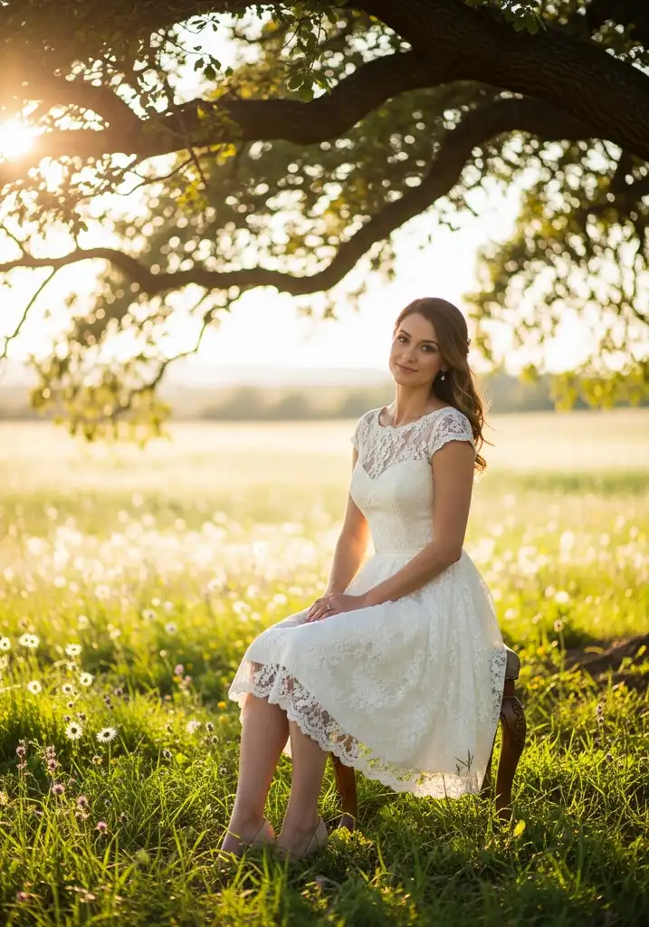 15 Flowy Summer Wedding Guest Dresses for Effortless Style 8 Woman in ivory Lace Tea-length dress sitting under an oak tree, embodying bohemian charm.