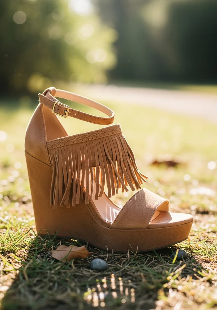 Top Block Heel Wedding Shoes for Comfort and Style 7 Bohemian suede wedge block heel sandals, ideal for outdoor or rustic weddings.
