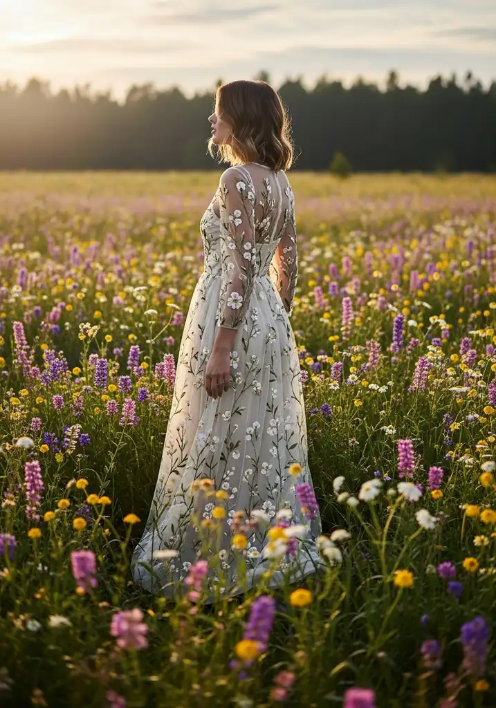 Woman in a bohemian Tulle maxi dress for an outdoor wedding