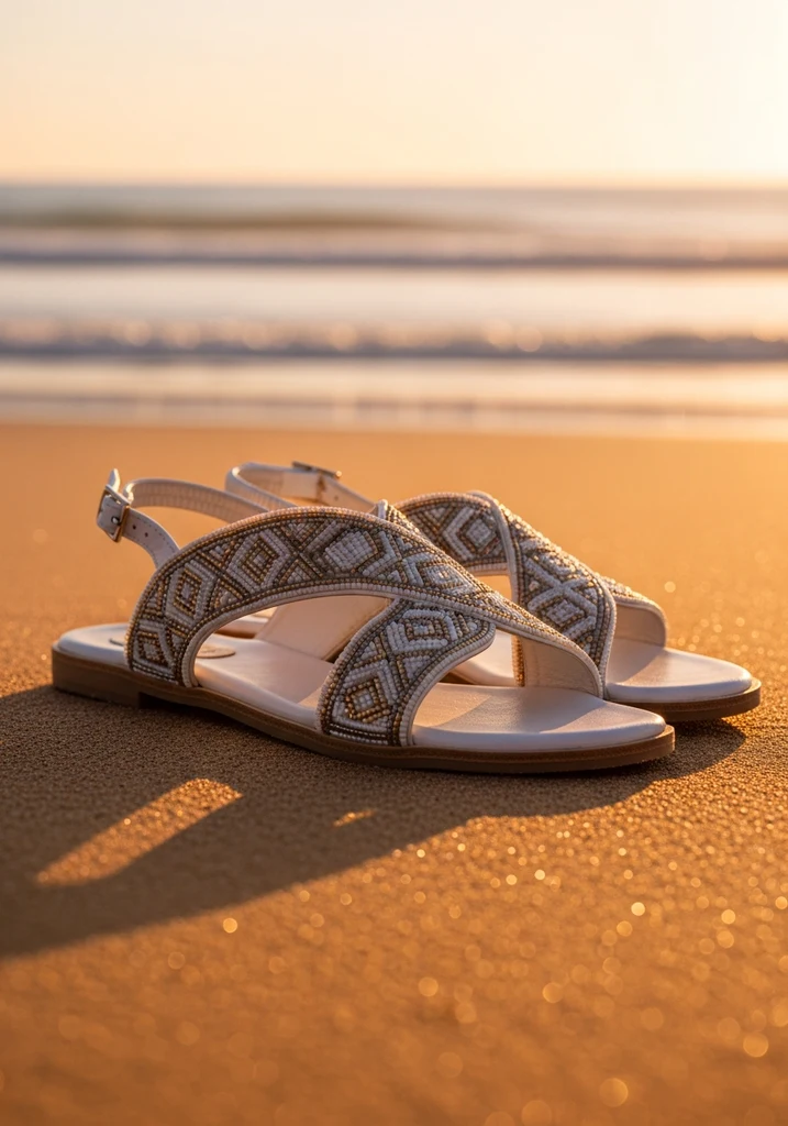 Bohemian white beaded flat sandals on a beach.