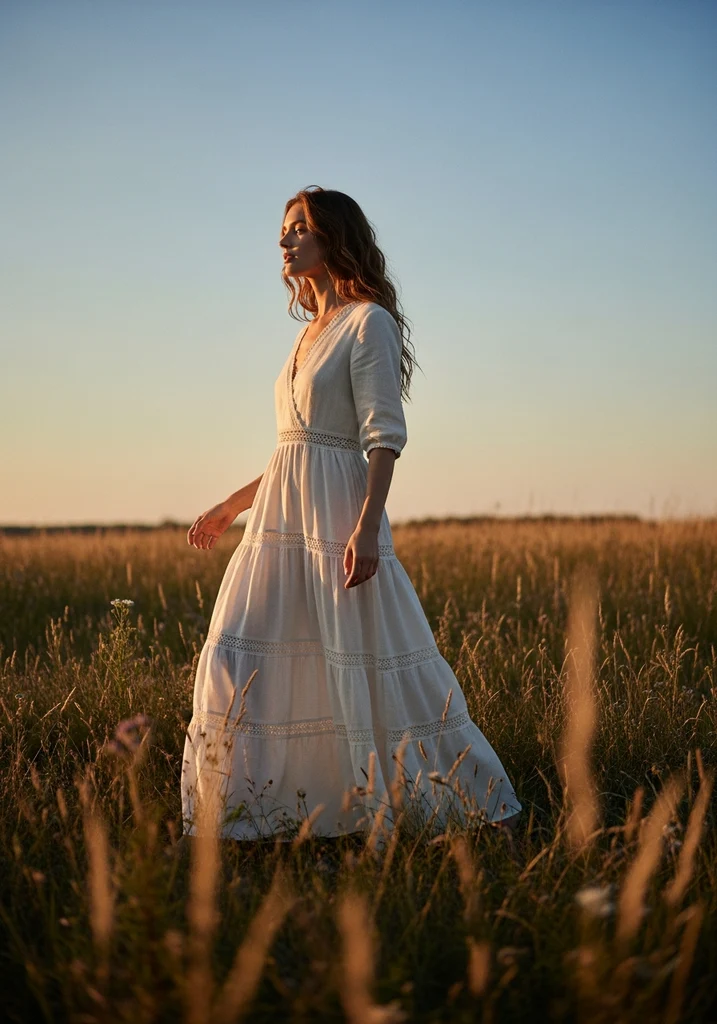 Woman in cream linen tiered maxi dress with lace trim in a field