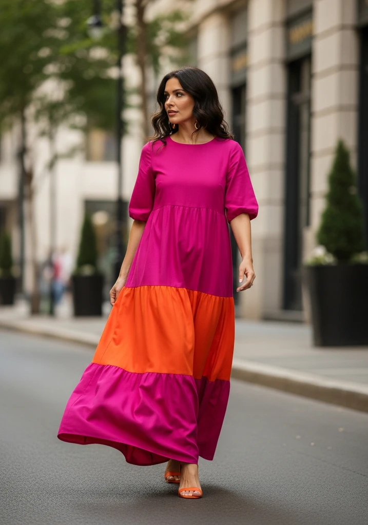 23 Tiered Summer Wedding Guest Dresses for Every Style 9 Bold color block tiered maxi dress