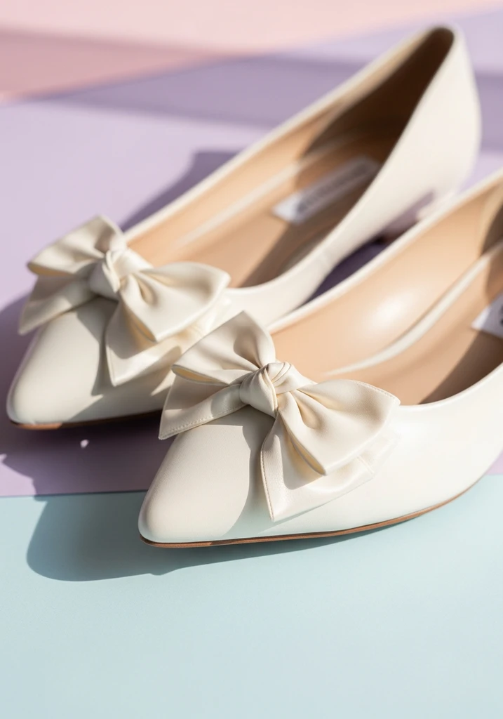 Ivory pointed toe flats with a delicate satin bow, adding a feminine touch.