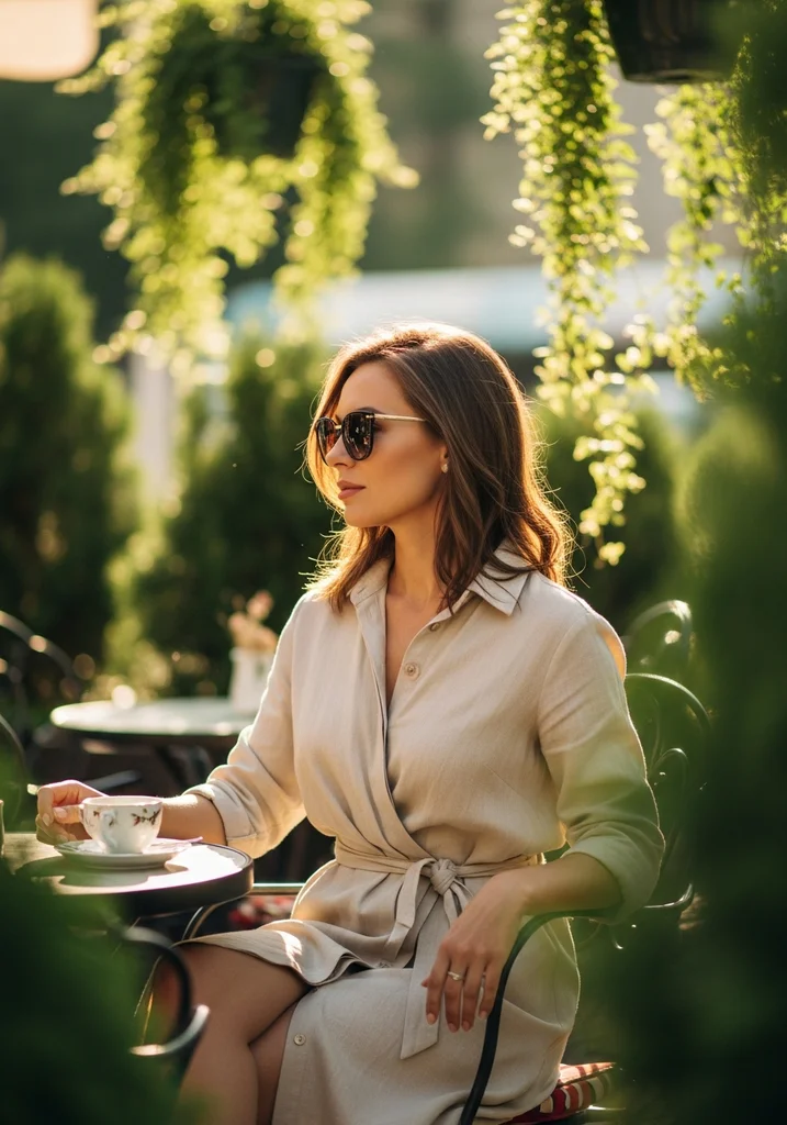 Woman in natural linen blend shirtdress at outdoor cafe