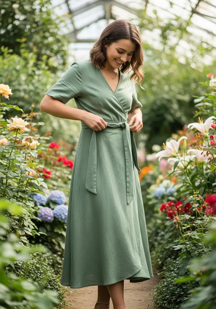 Woman in sage green linen wrap midi dress in a botanical garden