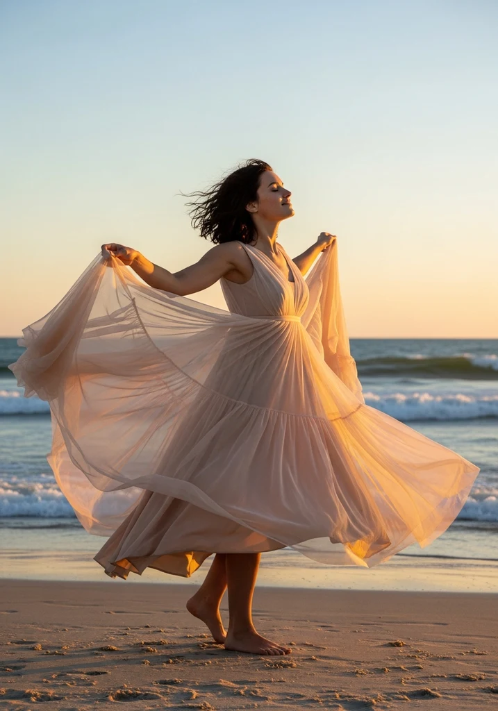 Woman in peach Tulle Empire waist dress on beach