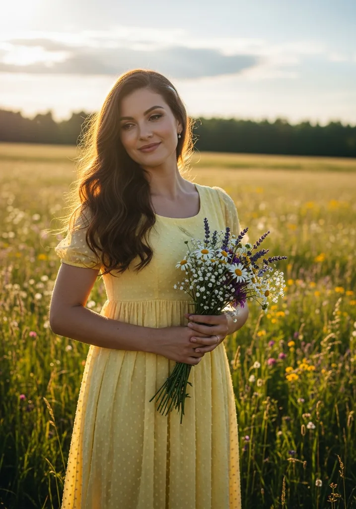 Woman in pale yellow swiss dot empire dress in meadow