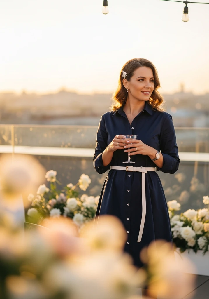 21 Chic Cotton Summer Wedding Guest Dresses 8 Woman in a navy cotton shirt dress at a chic city wedding.