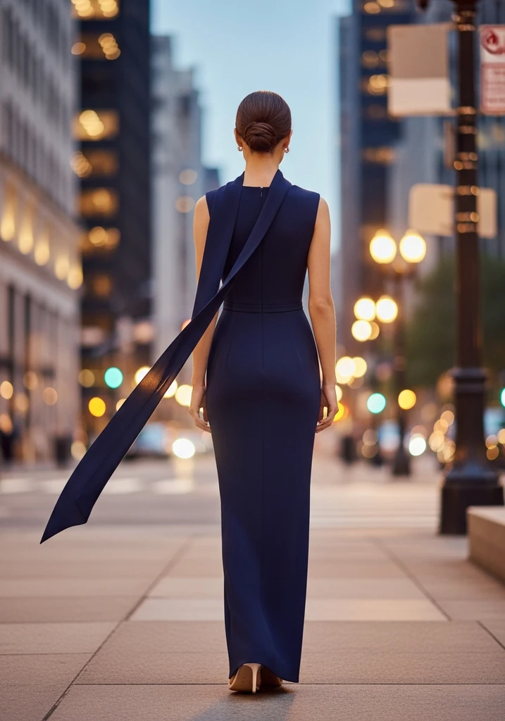 15 Scarf Detail Summer Wedding Guest Dresses 5 Woman in navy Crepe Column dress with back scarf detail