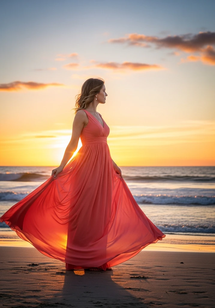 Woman in coral Empire waist maxi dress for a beach wedding