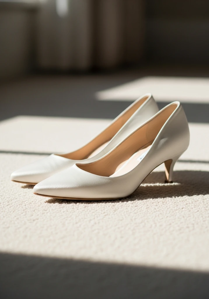 Ivory satin kitten heel pumps with pointed toes