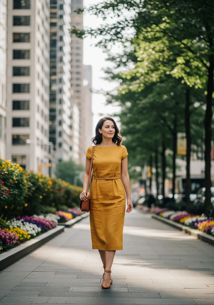 Woman in mustard yellow linen Sheath midi dress with boat neckline