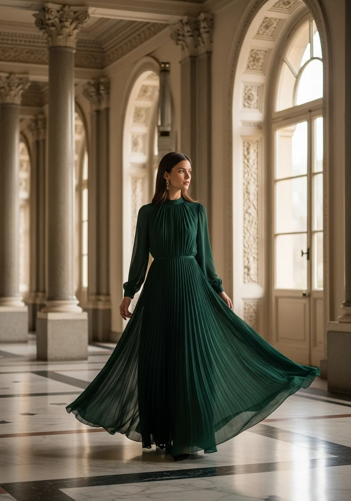 15 Flowy Summer Wedding Guest Dresses for Effortless Style 11 Woman in forest green Pleated Georgette dress, exuding modern elegance in a formal setting.