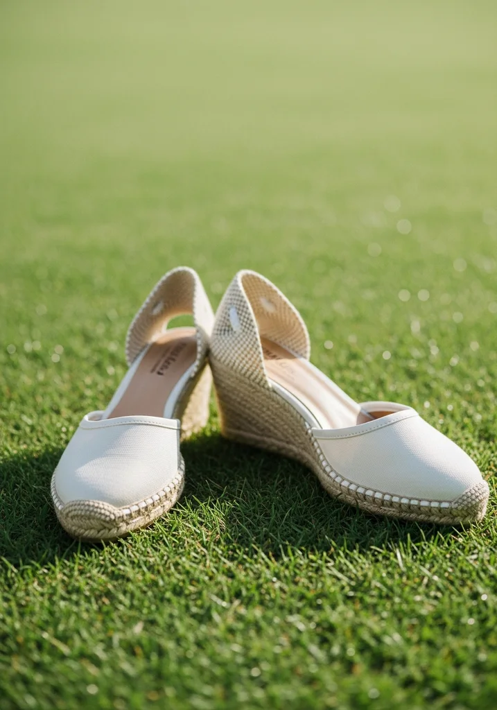 Chic white espadrille wedge flats for outdoor weddings.