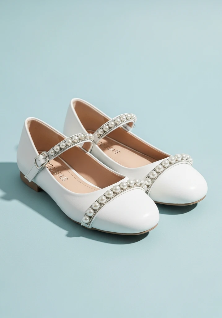 White pearl detailed Mary Jane flat shoes.