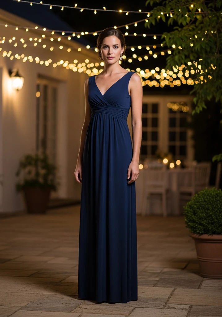 21 Semi Formal Summer Wedding Guest Dresses 8 Woman in classic Empire waist Maxi dress at an evening reception