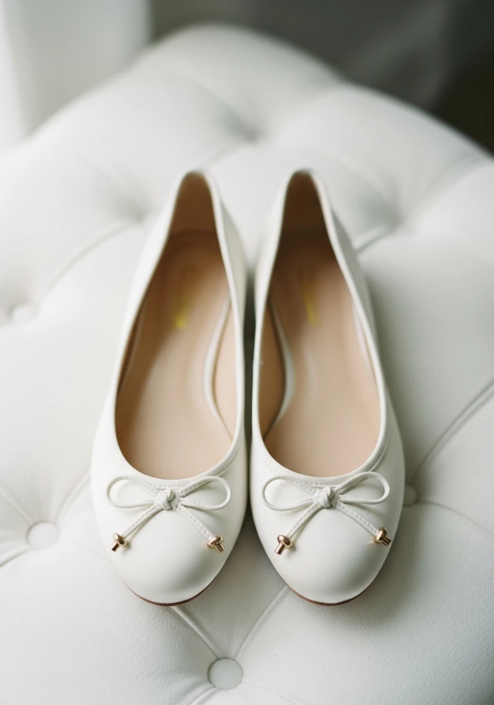 Close up of classic ivory satin ballet flats with a small bow.