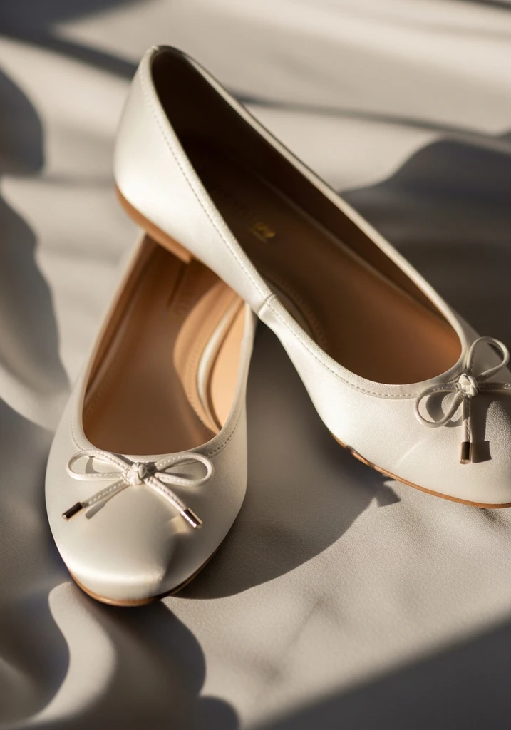 Classic white satin ballet flats with a small bow, elegant and comfortable for a wedding.
