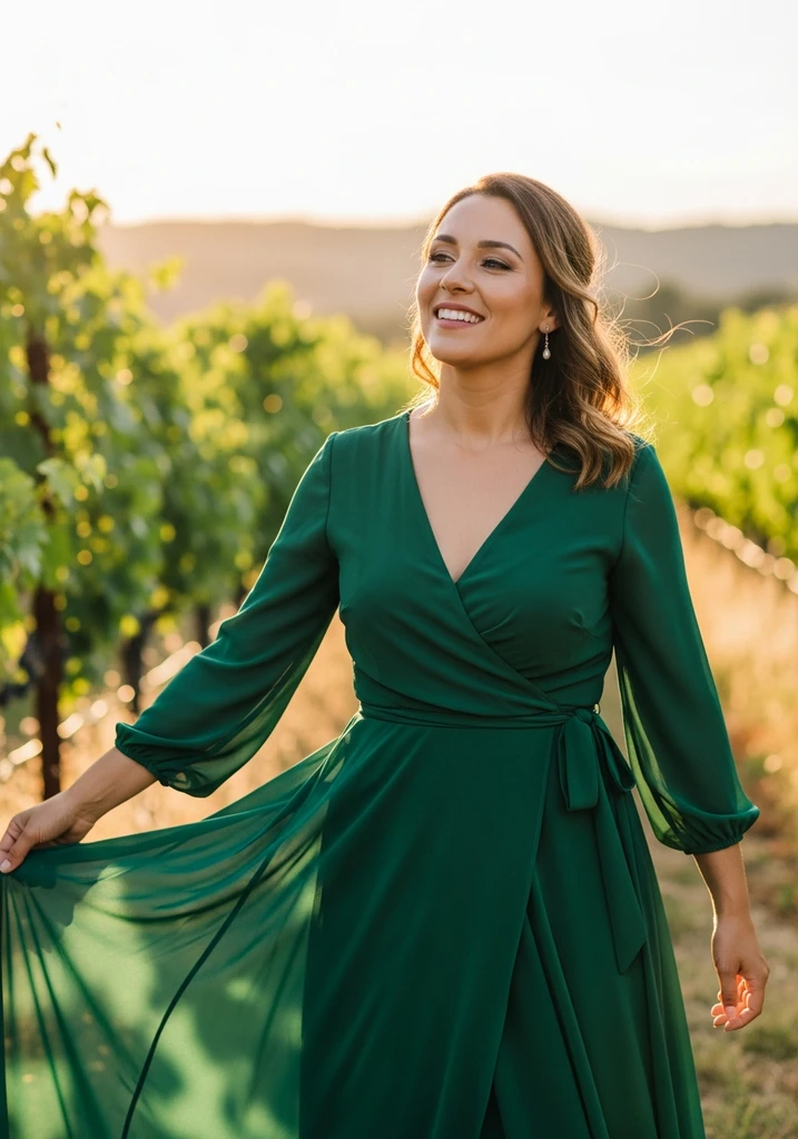21 Semi Formal Summer Wedding Guest Dresses 11 Woman in classic Chiffon Wrap dress at a vineyard wedding