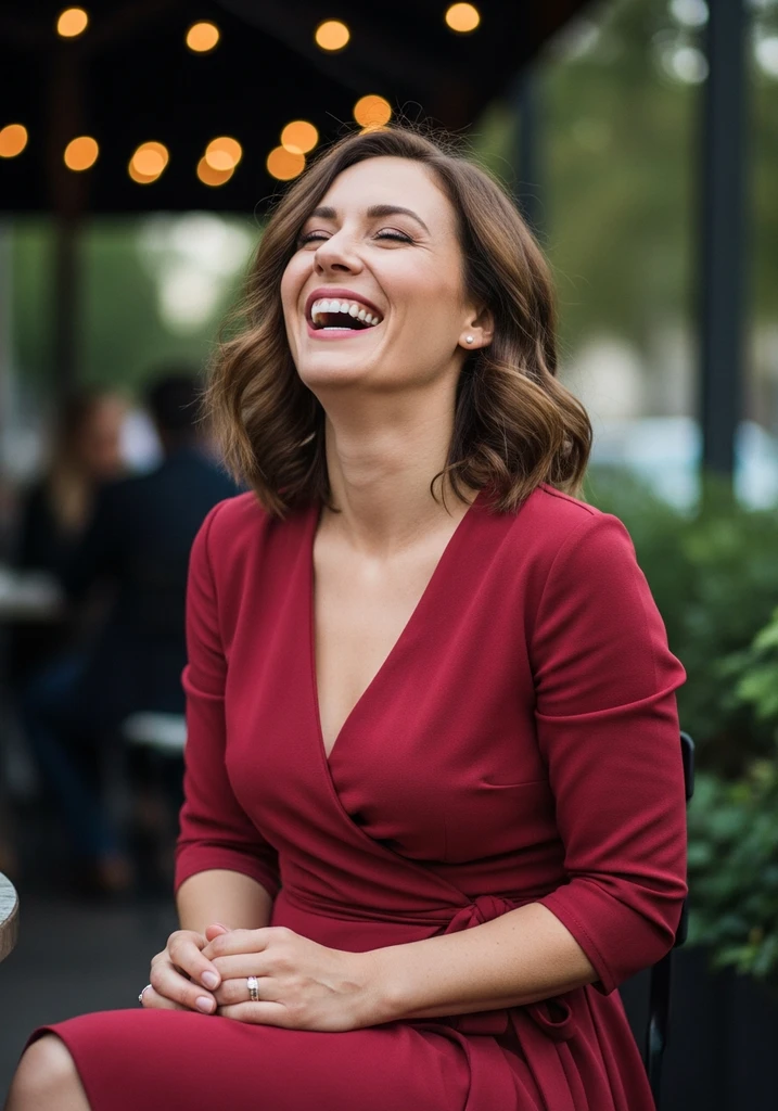 Woman in a berry red Crepe wrap dress for a summer wedding