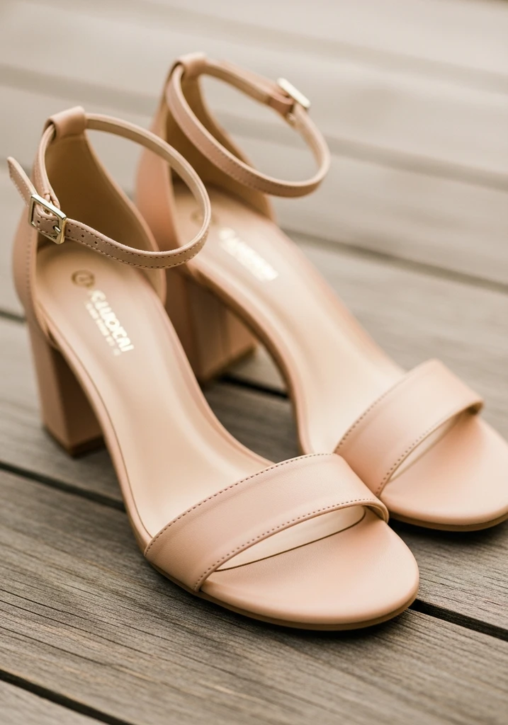 Nude leather block heel sandals with ankle straps