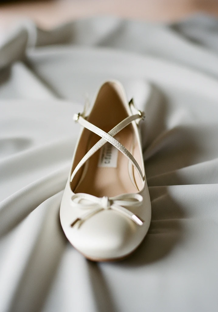 Ivory ballet flats with delicate crisscross straps, offering elegance and secure fit.