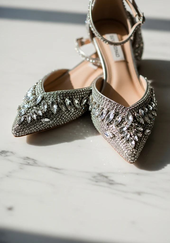 Pointed toe flats with sparkling crystal embellishments and an elegant ankle strap.
