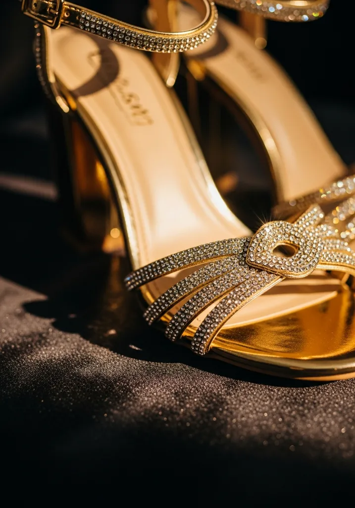 Top Block Heel Wedding Shoes for Comfort and Style 10 Gold metallic block heel sandals with crystal embellishments for a glamorous bridal look.