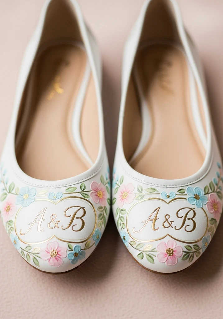 White leather ballet flats with custom hand-painted floral designs