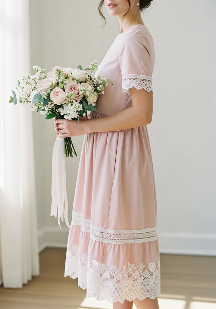 21 Chic Cotton Summer Wedding Guest Dresses 9 Woman in a blush cotton midi dress with lace trim at a romantic wedding.
