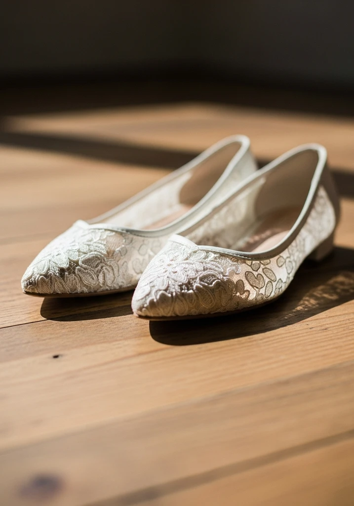 Ivory lace pointed toe flats with a delicate floral design, perfect for a romantic bridal look.