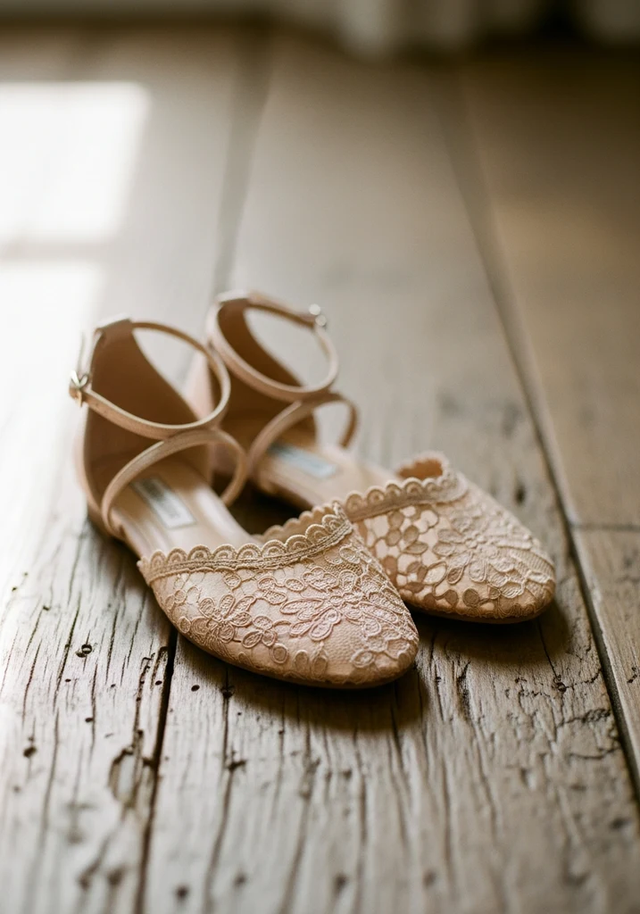 Elegant nude lace flat sandals with ankle straps.