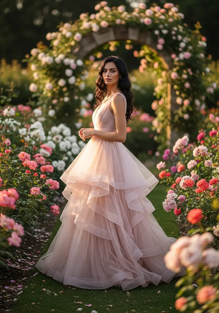 23 Tiered Summer Wedding Guest Dresses for Every Style 10 Blush pink organza tiered A-line dress