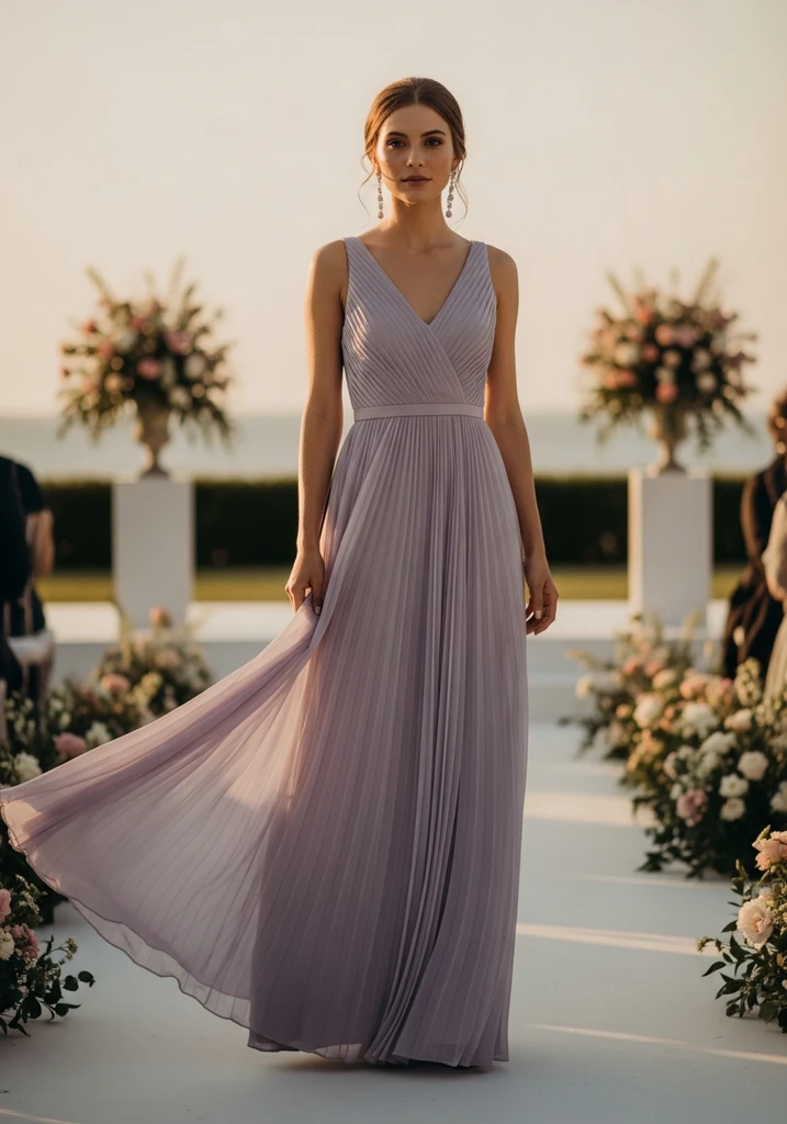 21 Semi Formal Summer Wedding Guest Dresses 16 Woman in delicate Pleated Chiffon Maxi dress at an evening ceremony