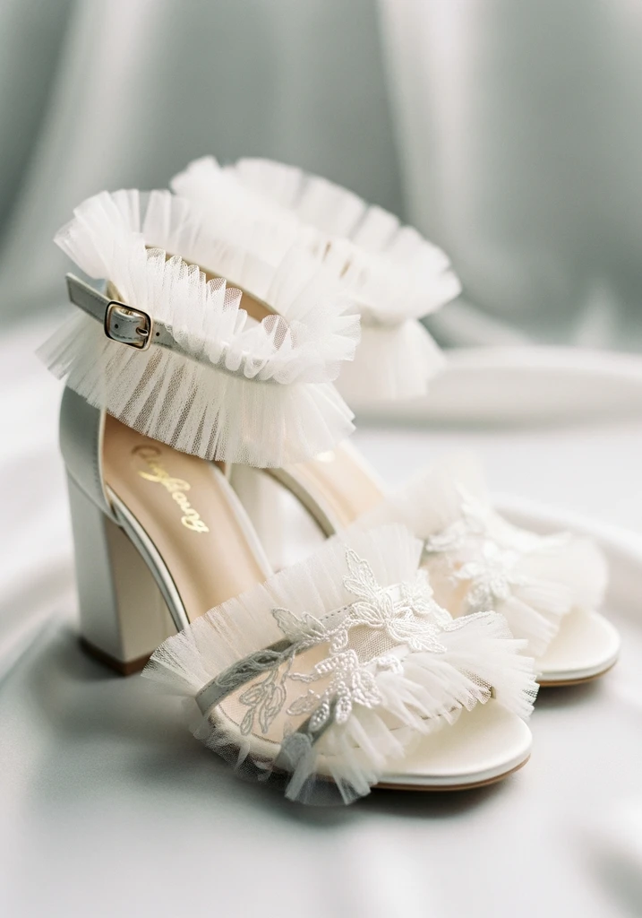 Top Block Heel Wedding Shoes for Comfort and Style 23 Ivory block heel shoes with delicate tulle embellishments, for a whimsical bridal style.