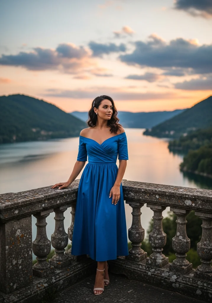 21 Chic Cotton Summer Wedding Guest Dresses 15 Woman in a royal blue cotton Off-shoulder midi dress at a lakeside wedding.