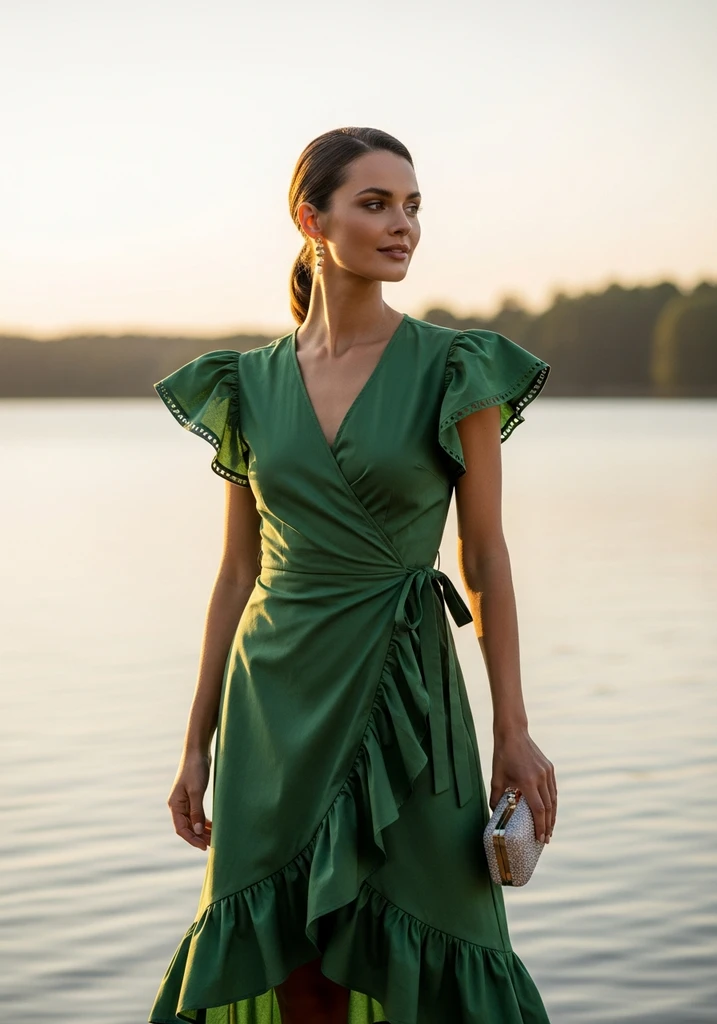 21 Chic Cotton Summer Wedding Guest Dresses 6 Woman in a green cotton Wrap dress with ruffles at an outdoor wedding.