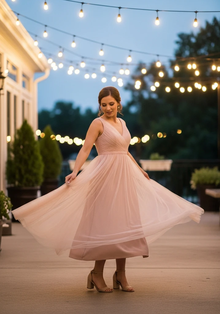 15 Flowy Summer Wedding Guest Dresses for Effortless Style 3 Woman in blush pink Empire waist Tulle midi dress, twirling at an evening outdoor wedding.