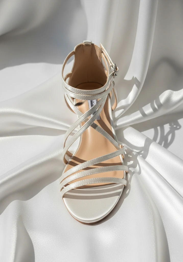 Ivory strappy satin flat sandals.