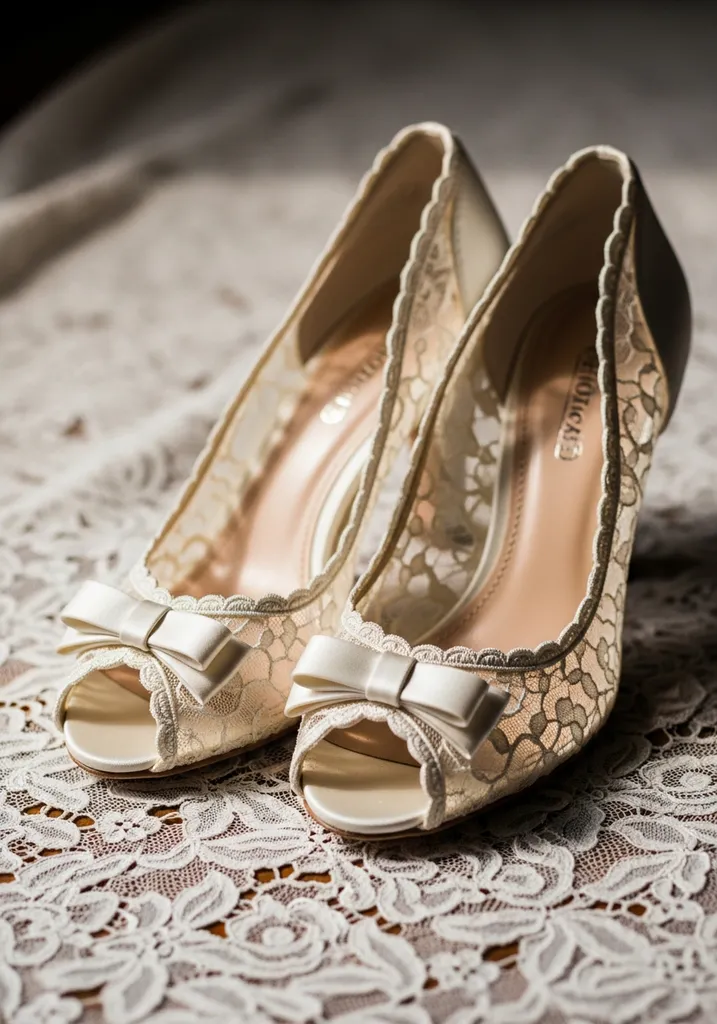 Ivory lace peep-toe shoes with a medium heel