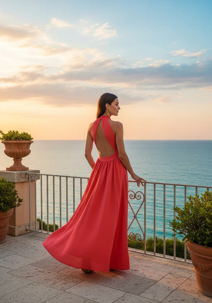 Woman in coral linen Halter neck maxi dress with open back on a terrace