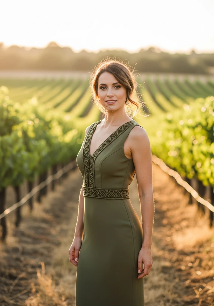 Woman in olive green column dress with macrame V-neckline