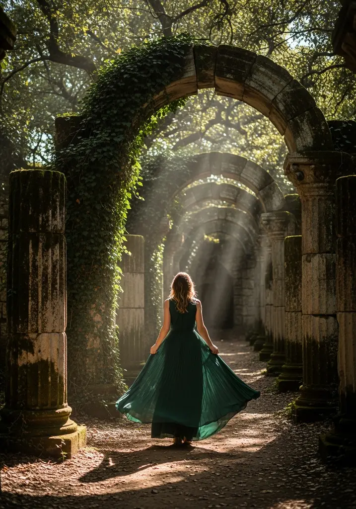 Woman in a forest green pleated maxi dress for a summer wedding