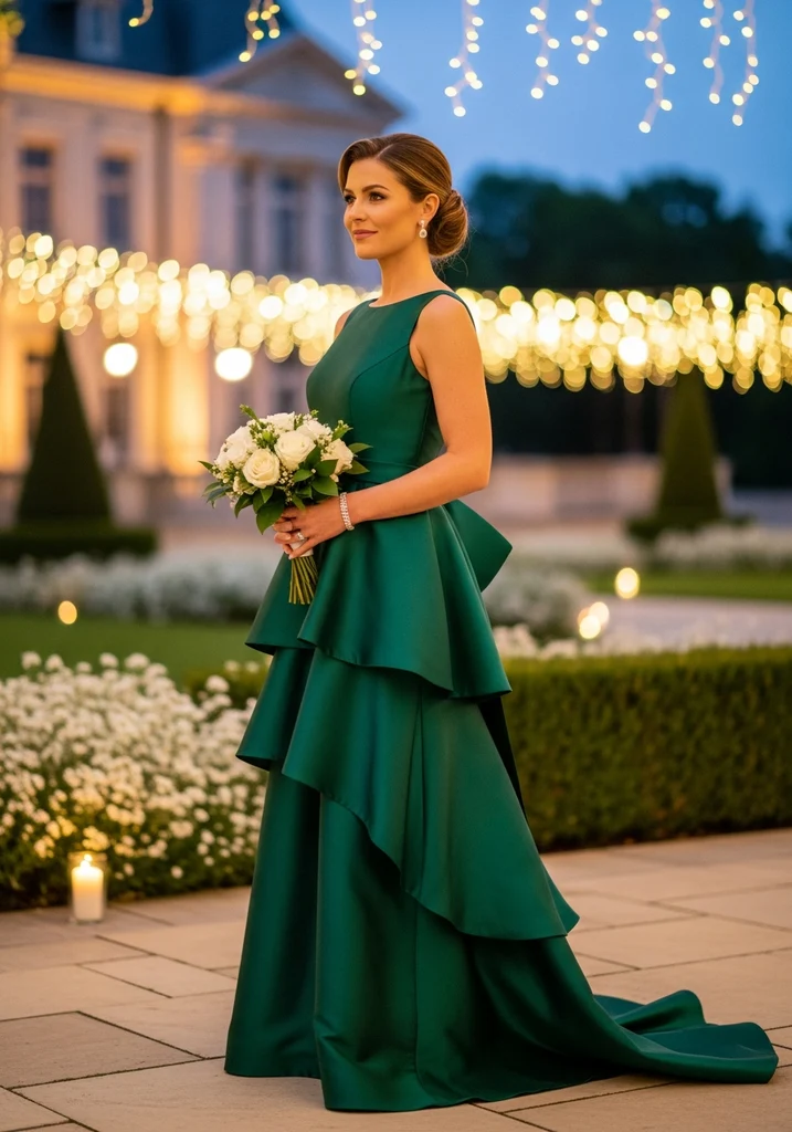 23 Tiered Summer Wedding Guest Dresses for Every Style 6 Emerald green satin tiered column gown