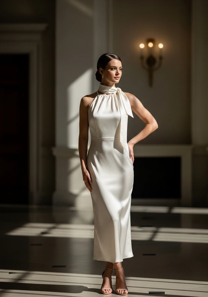 15 Scarf Detail Summer Wedding Guest Dresses 3 Woman in cream Silk Sheath dress with halter scarf tie