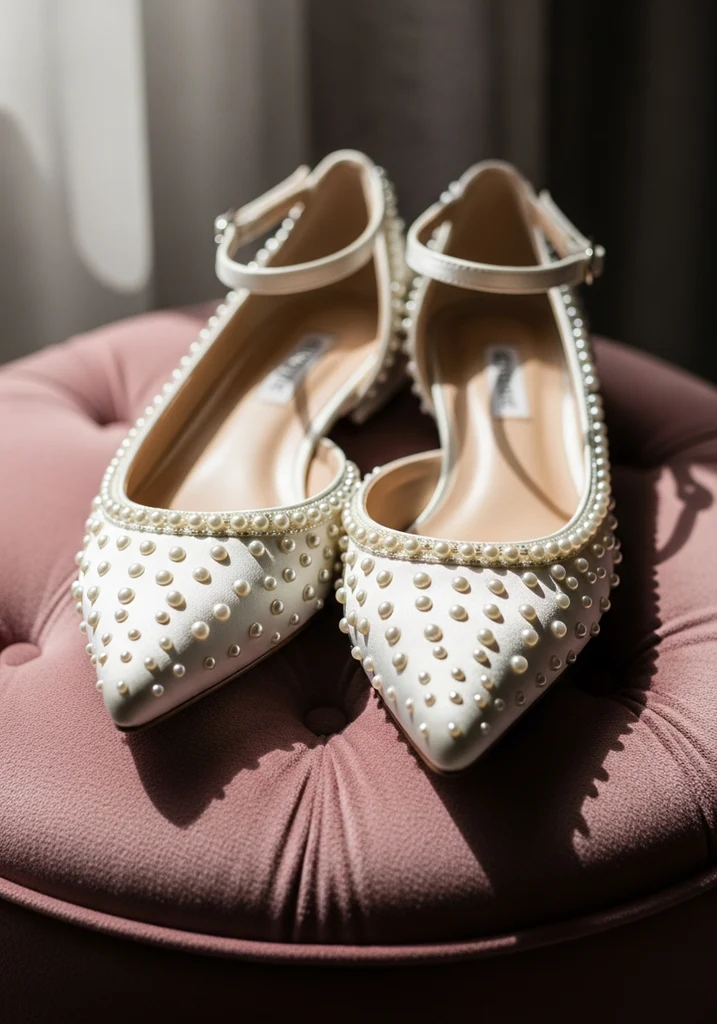Ivory satin d'Orsay flats with elegant pearl embellishments, showcasing classic bridal glamour.