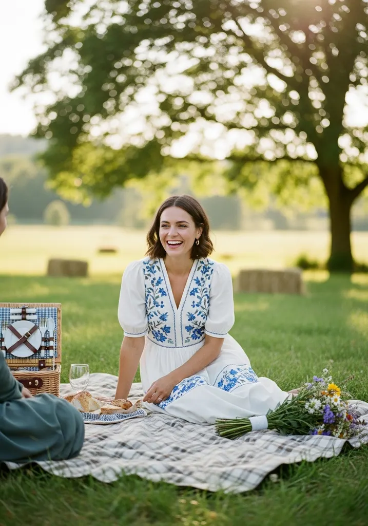 15 Flowy Summer Wedding Guest Dresses for Effortless Style 13 Woman in white Cotton blend midi dress with blue embroidery, enjoying a countryside wedding.