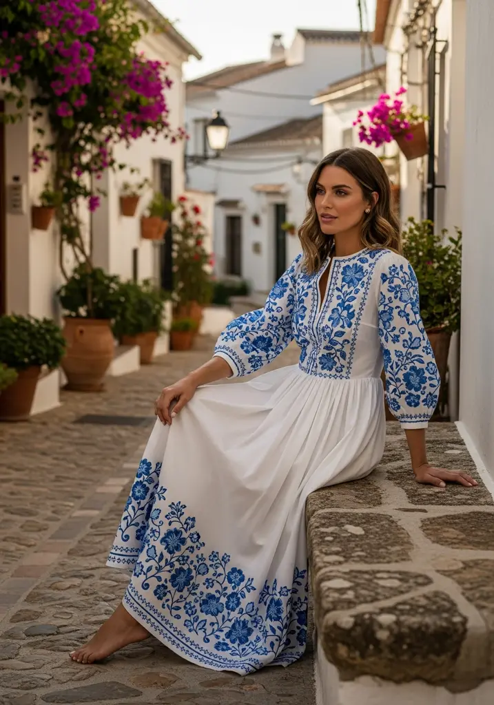 Woman in an embroidered Cotton Poplin dress for a daytime wedding