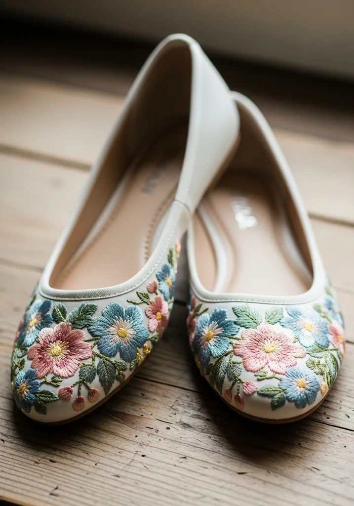 Ivory flats with intricate colorful floral embroidery, perfect for a whimsical or garden wedding.