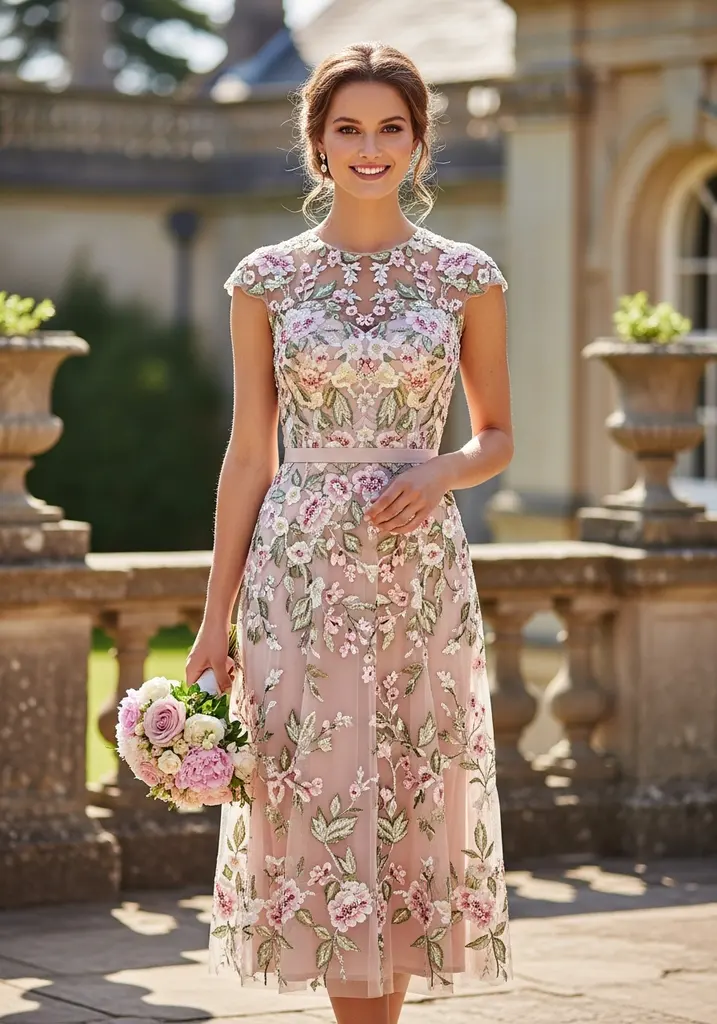 21 Semi Formal Summer Wedding Guest Dresses 12 Woman in elegant Embroidered Tulle Midi dress at an estate wedding